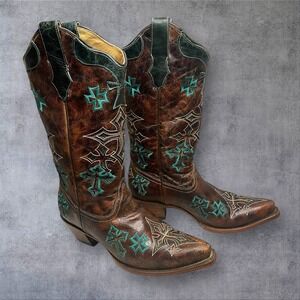 Corral Western Brown Leather Boots Womens 8.5 Embroidered Crosses Boho Cowboy